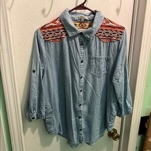 JODIFL Blue Button Down Shirt with Red Pattern